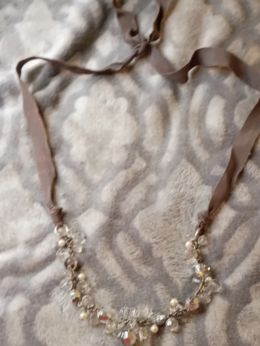 Taupe Ribbon Crystal & Pearl Necklace